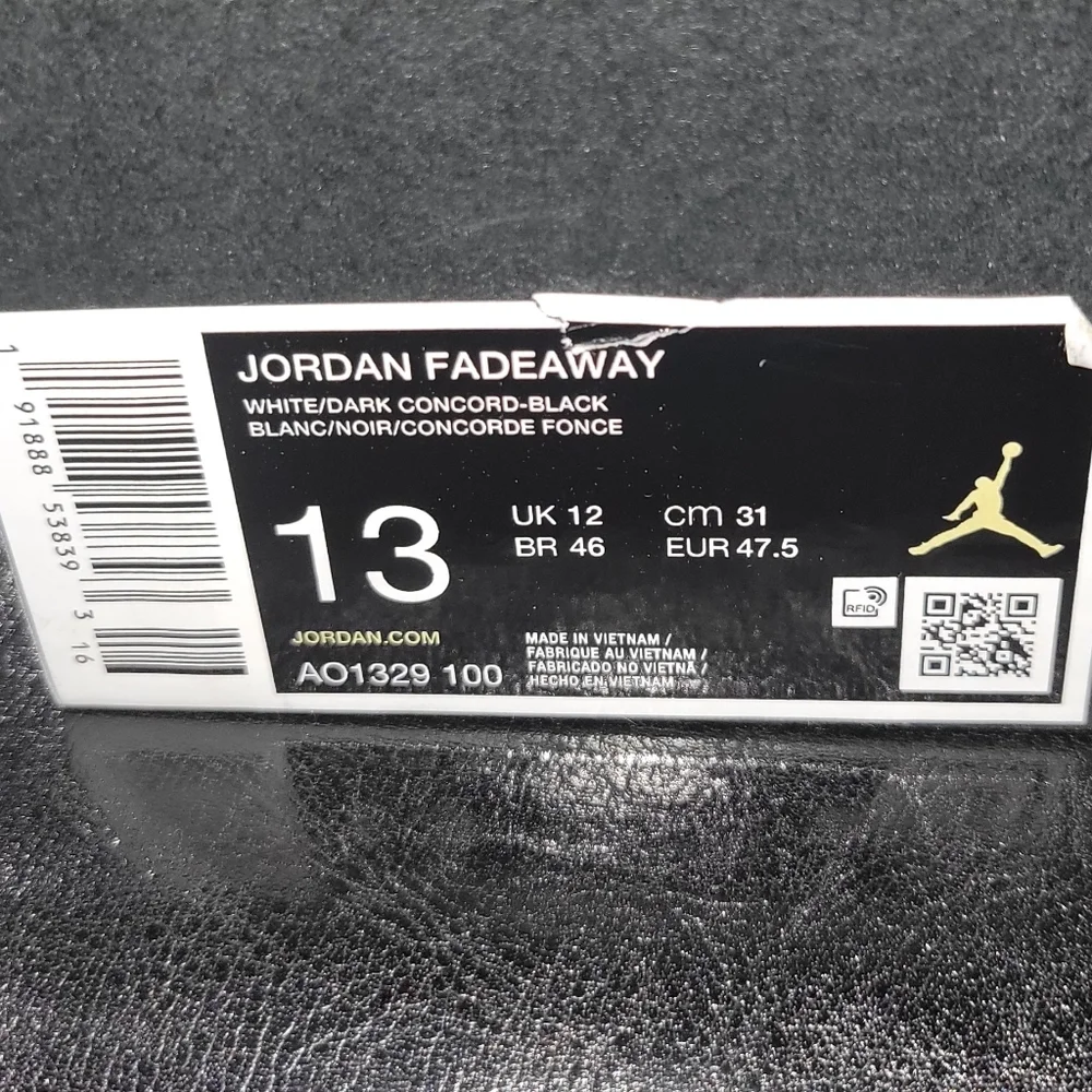 Jordan Fadeaway NIKE Sneakers White/Dark Concord Black- Men's Size 13 NEW